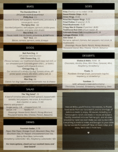 Wilbos menu - back side